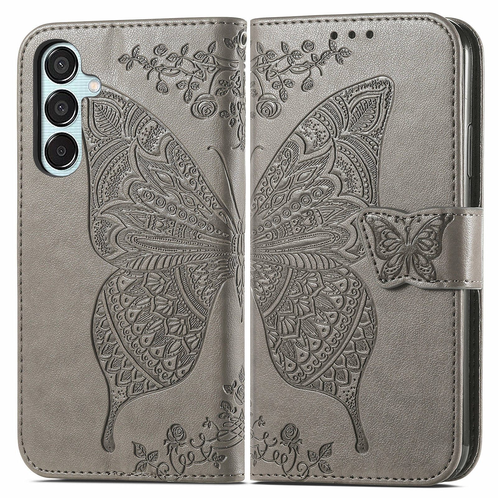 For Samsung Galaxy M15 5G Case Butterfly Pattern PU Leather Hand Strap Wallet Purse Phone Cover - Grey