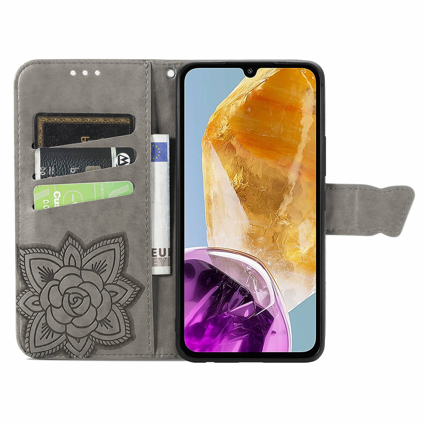 For Samsung Galaxy M15 5G Case Butterfly Pattern PU Leather Hand Strap Wallet Purse Phone Cover - Grey