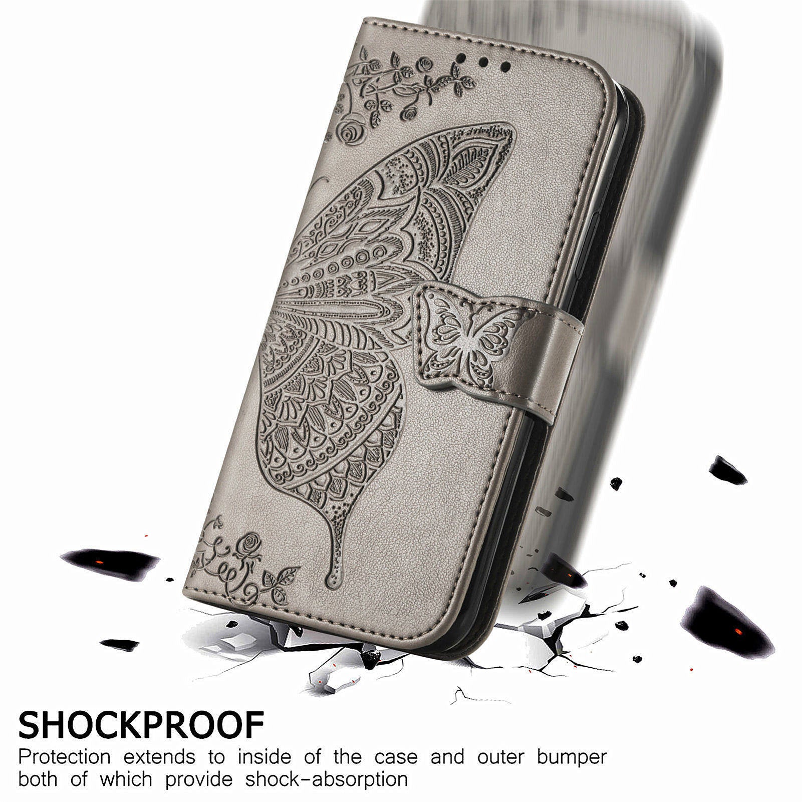 For Samsung Galaxy M15 5G Case Butterfly Pattern PU Leather Hand Strap Wallet Purse Phone Cover - Grey