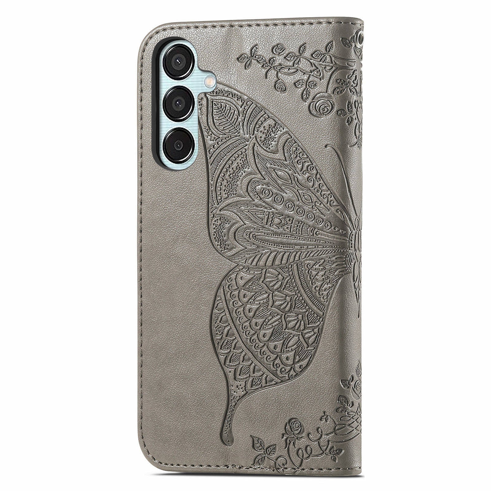 For Samsung Galaxy M15 5G Case Butterfly Pattern PU Leather Hand Strap Wallet Purse Phone Cover - Grey