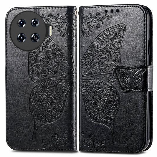 For Transsion Tecno Spark 20 Pro+ Case Butterfly PU Leather Wallet Flip Protective Phone Cover with Wrist Strap - Black