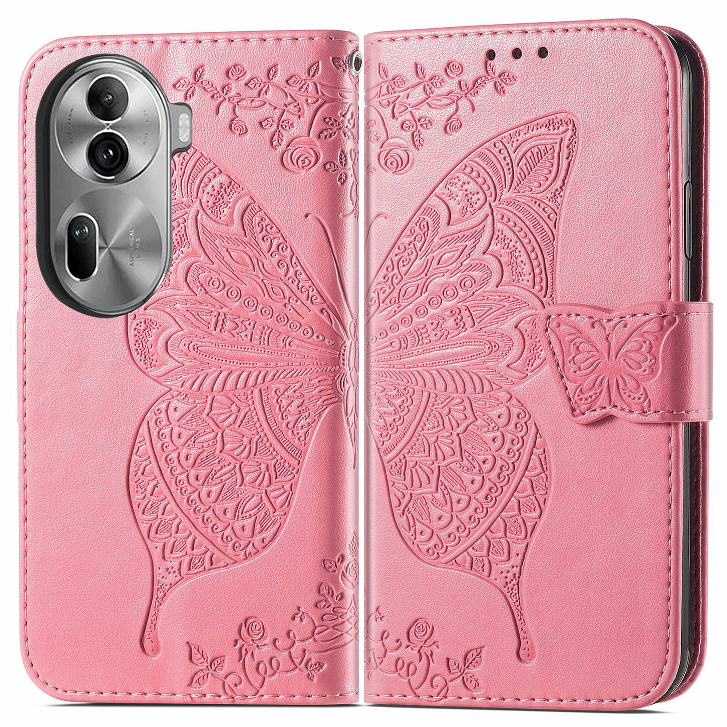 For Oppo Reno11 Pro 5G (Global) Leather Wallet Case Stand Card Holder Slots Butterfly Pattern Phone Cover - Pink