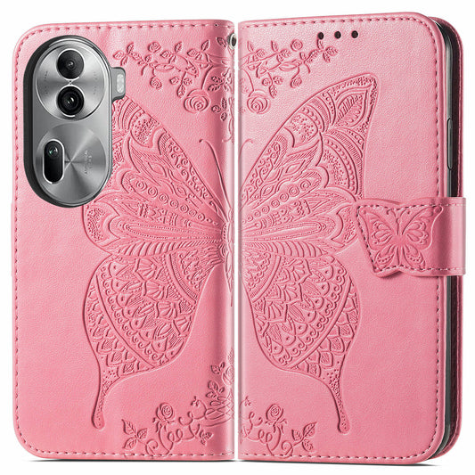 For Oppo Reno11 Pro 5G (Global) Leather Wallet Case Stand Card Holder Slots Butterfly Pattern Phone Cover - Pink