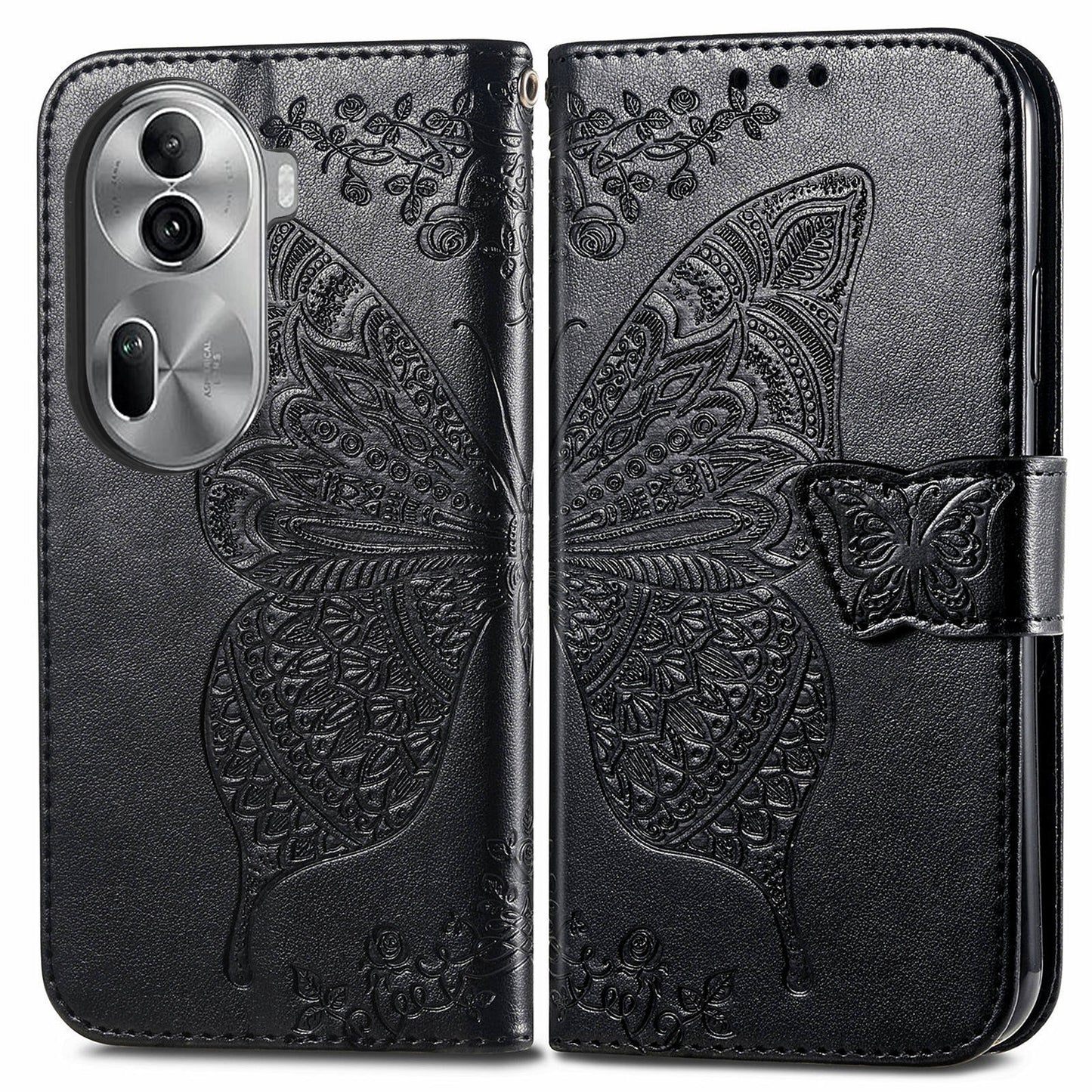 For Oppo Reno11 Pro 5G (Global) Leather Wallet Case Stand Card Holder Slots Butterfly Pattern Phone Cover - Black