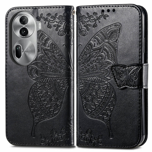 For Oppo Reno11 Pro 5G (Global) Leather Wallet Case Stand Card Holder Slots Butterfly Pattern Phone Cover - Black