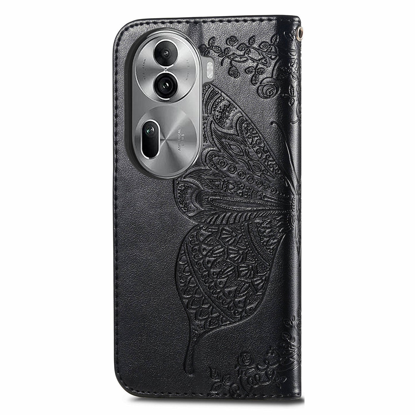 For Oppo Reno11 Pro 5G (Global) Leather Wallet Case Stand Card Holder Slots Butterfly Pattern Phone Cover - Black