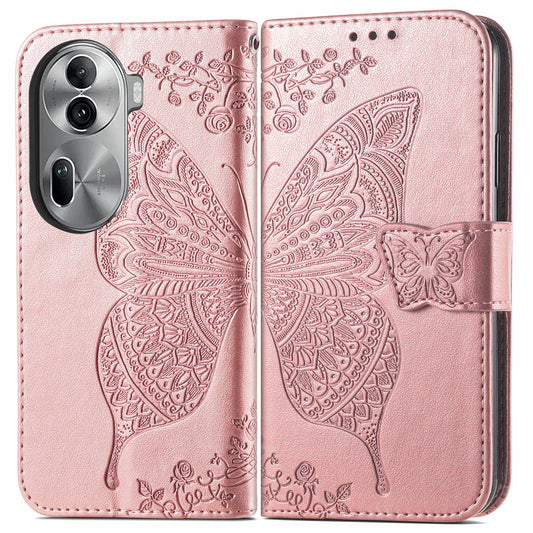 For Oppo Reno11 Pro 5G (Global) Leather Wallet Case Stand Card Holder Slots Butterfly Pattern Phone Cover - Rose Gold