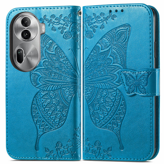 For Oppo Reno11 Pro 5G (Global) Leather Wallet Case Stand Card Holder Slots Butterfly Pattern Phone Cover - Blue