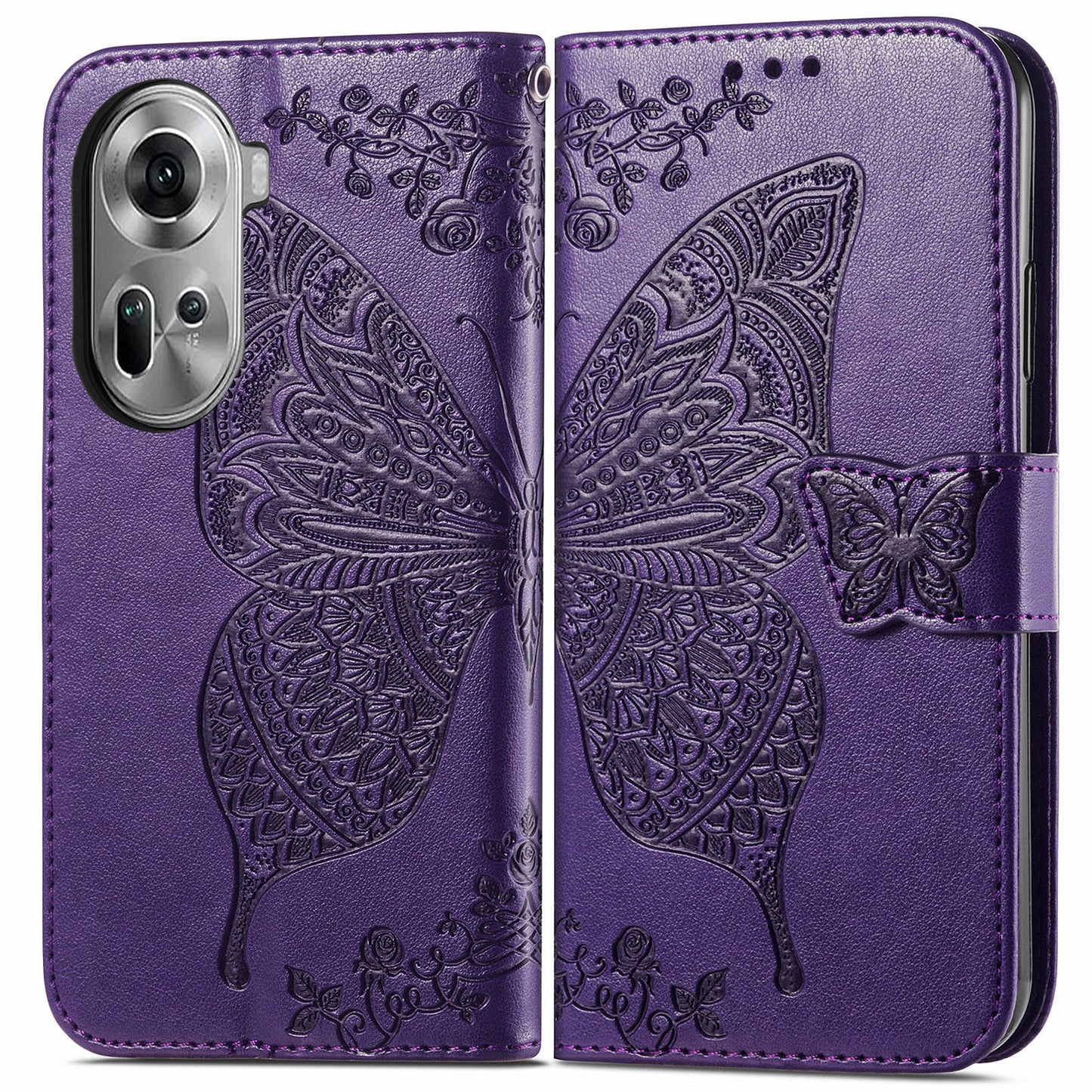 For Oppo Reno11 5G (Global) Case Wallet Butterfly Floral Imprinted Folio Leather Phone Cover - Dark Purple