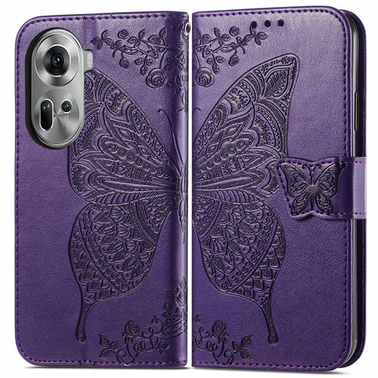 For Oppo Reno11 5G (Global) Case Wallet Butterfly Floral Imprinted Folio Leather Phone Cover - Dark Purple