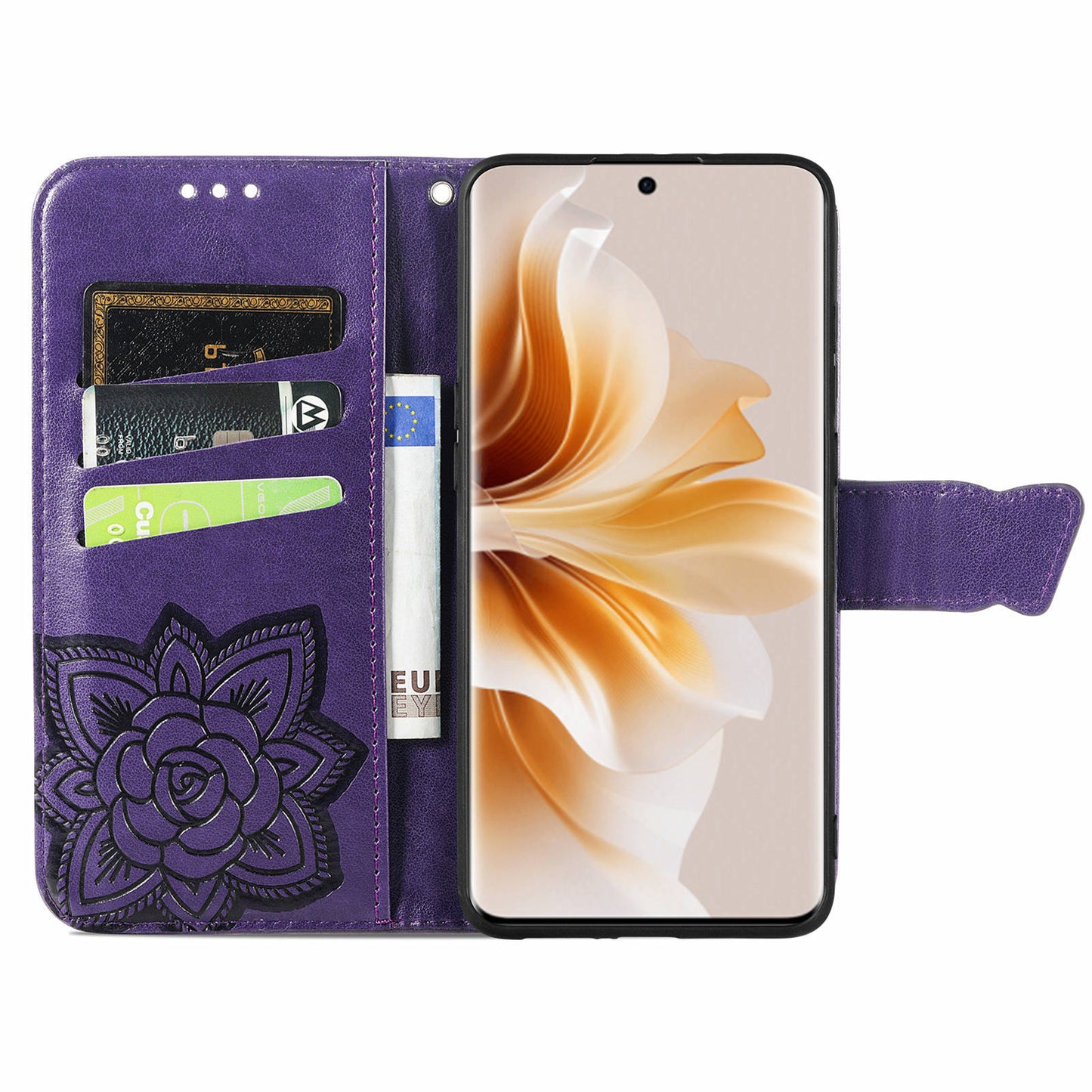For Oppo Reno11 5G (Global) Case Wallet Butterfly Floral Imprinted Folio Leather Phone Cover - Dark Purple