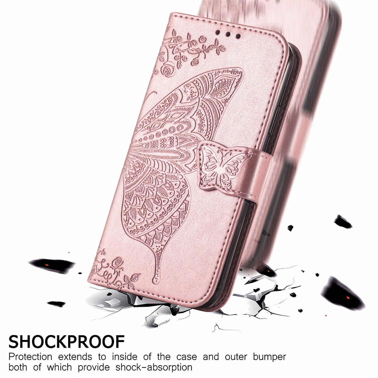 For Oppo Reno11 5G (Global) Case Wallet Butterfly Floral Imprinted Folio Leather Phone Cover - Rose Gold