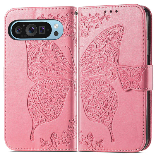For Google Pixel 9 Case Butterfly Floral Pattern PU Leather Wrist Strap Card / Cash Slots Phone Cover - Pink