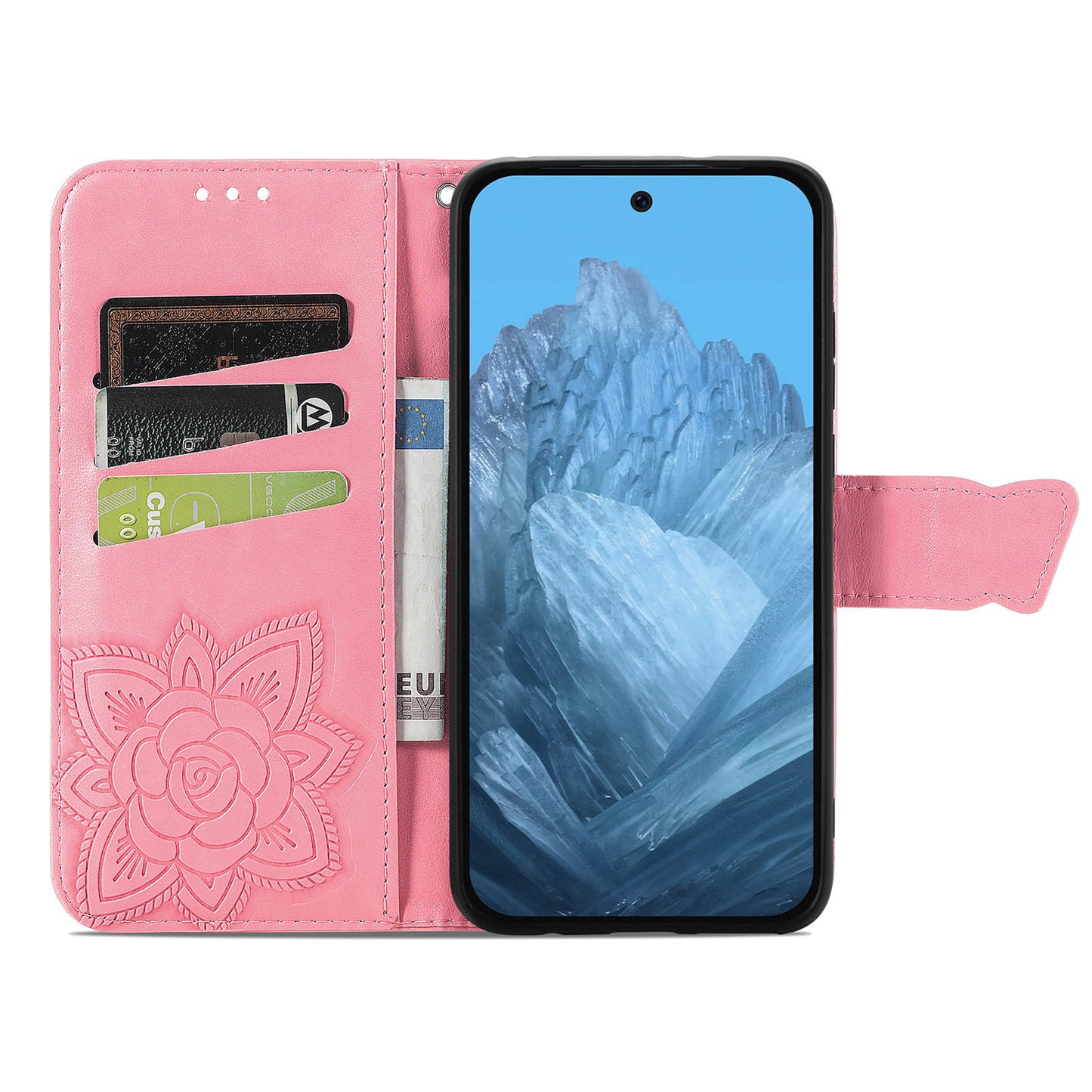 For Google Pixel 9 Case Butterfly Floral Pattern PU Leather Wrist Strap Card / Cash Slots Phone Cover - Pink