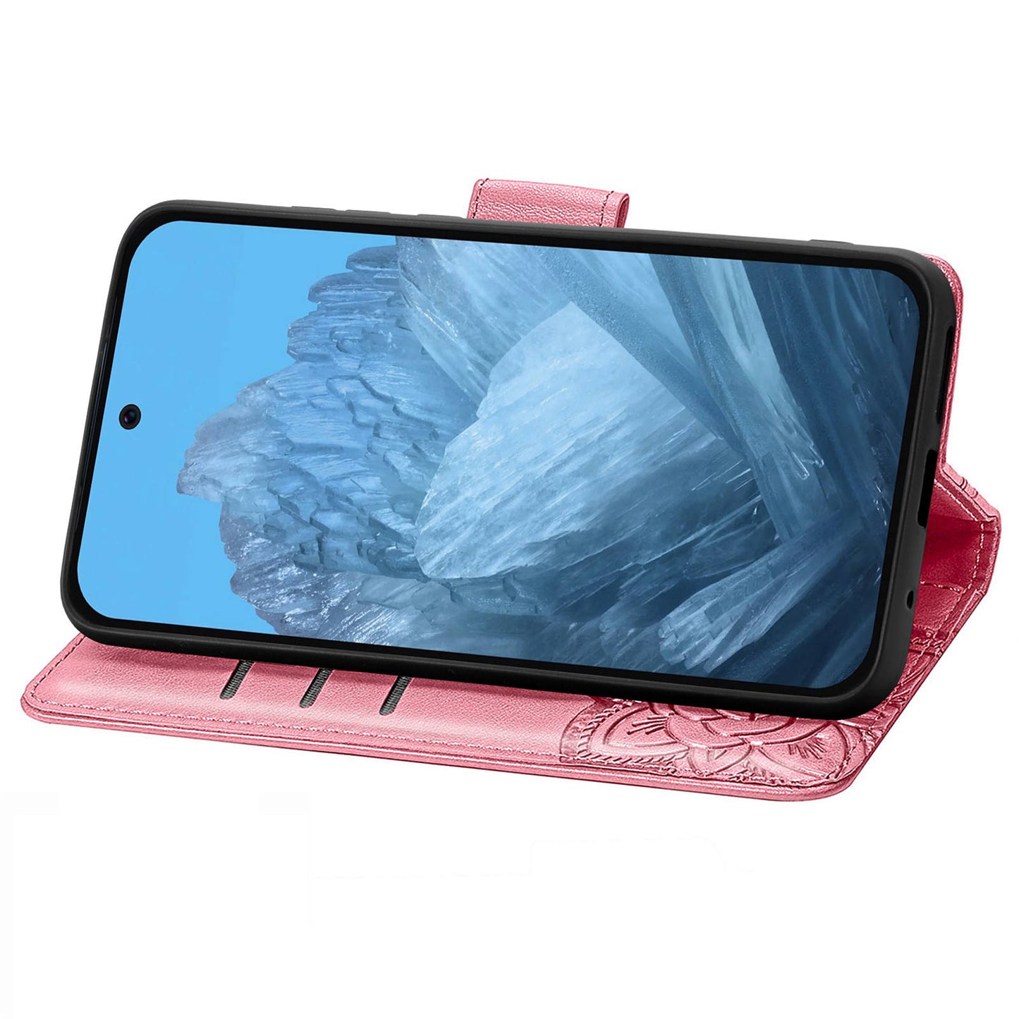 For Google Pixel 9 Case Butterfly Floral Pattern PU Leather Wrist Strap Card / Cash Slots Phone Cover - Pink