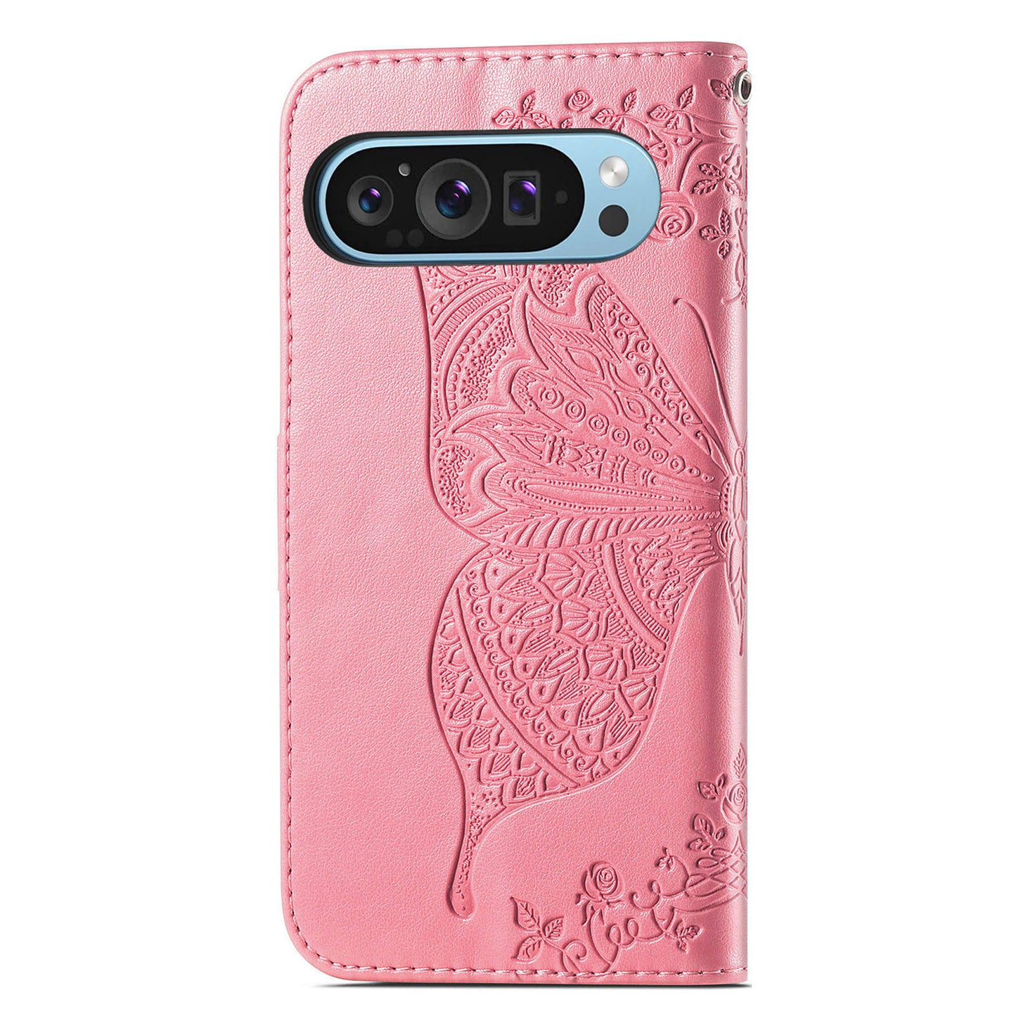 For Google Pixel 9 Case Butterfly Floral Pattern PU Leather Wrist Strap Card / Cash Slots Phone Cover - Pink