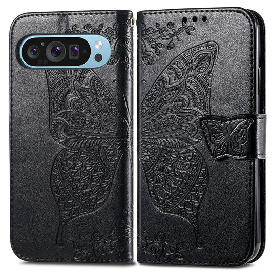 For Google Pixel 9 Case Butterfly Floral Pattern PU Leather Wrist Strap Card / Cash Slots Phone Cover - Black