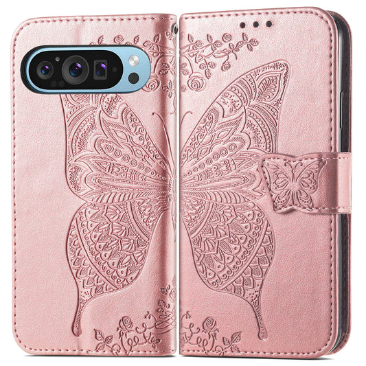 For Google Pixel 9 Case Butterfly Floral Pattern PU Leather Wrist Strap Card / Cash Slots Phone Cover - Rose Gold