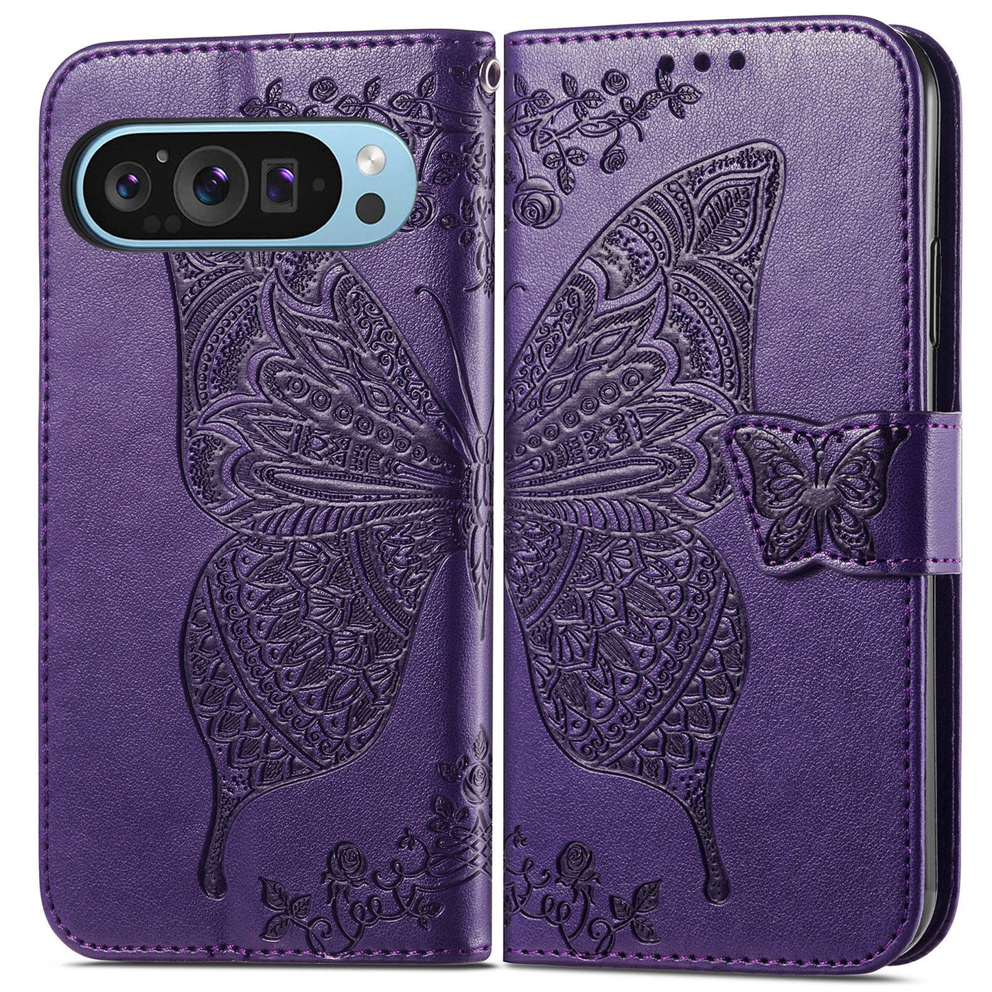 For Google Pixel 9 Case Butterfly Floral Pattern PU Leather Wrist Strap Card / Cash Slots Phone Cover - Dark Purple