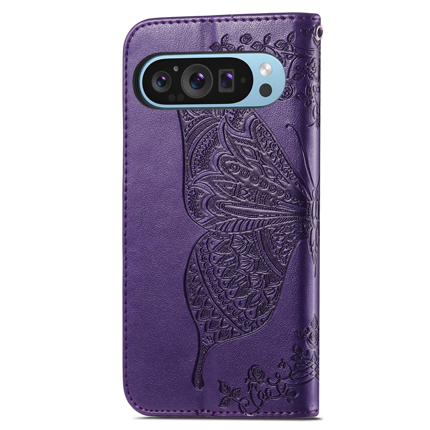 For Google Pixel 9 Case Butterfly Floral Pattern PU Leather Wrist Strap Card / Cash Slots Phone Cover - Dark Purple