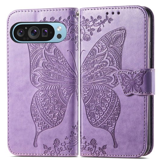 For Google Pixel 9 Case Butterfly Floral Pattern PU Leather Wrist Strap Card / Cash Slots Phone Cover - Light Purple
