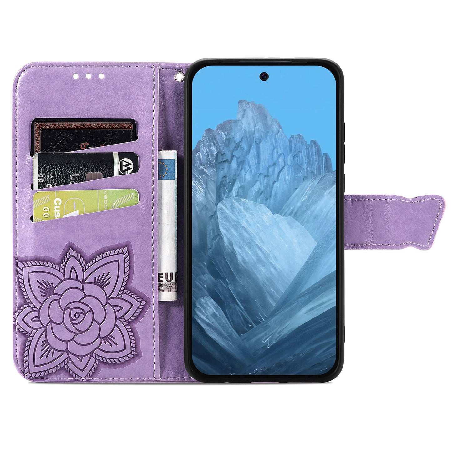 For Google Pixel 9 Case Butterfly Floral Pattern PU Leather Wrist Strap Card / Cash Slots Phone Cover - Light Purple