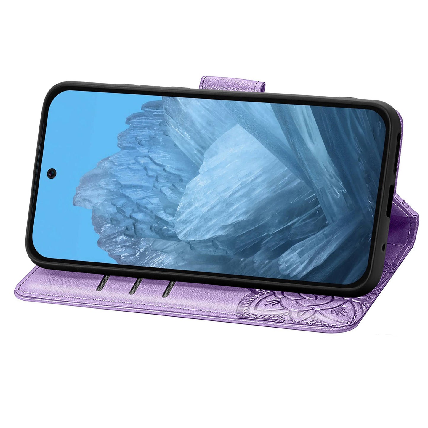 For Google Pixel 9 Case Butterfly Floral Pattern PU Leather Wrist Strap Card / Cash Slots Phone Cover - Light Purple