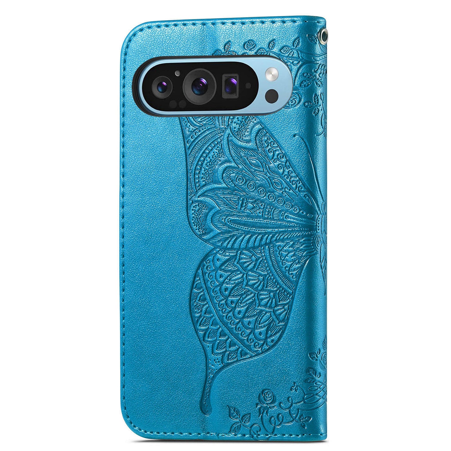 For Google Pixel 9 Case Butterfly Floral Pattern PU Leather Wrist Strap Card / Cash Slots Phone Cover - Blue