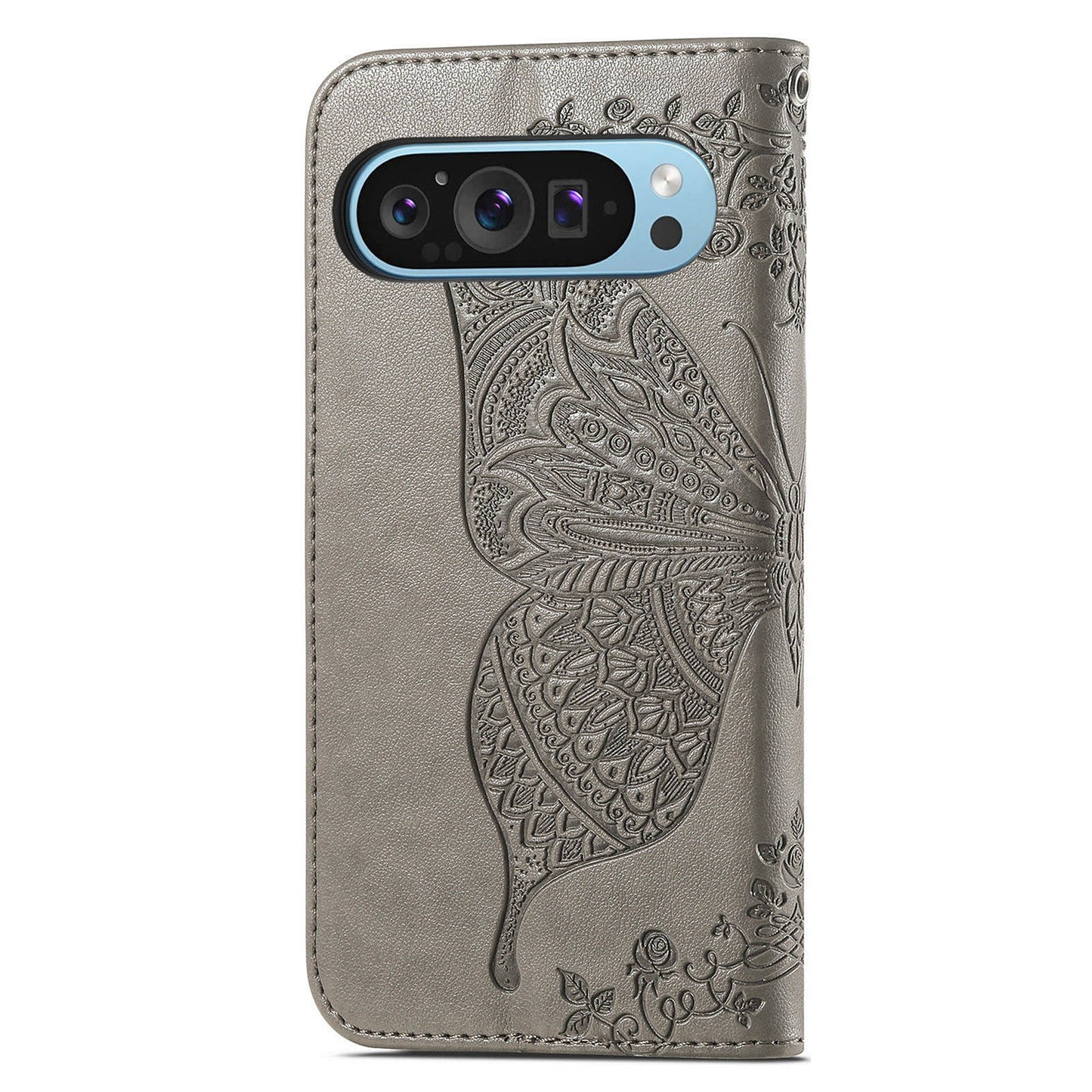 For Google Pixel 9 Case Butterfly Floral Pattern PU Leather Wrist Strap Card / Cash Slots Phone Cover - Grey