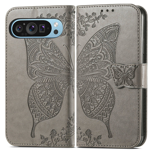 For Google Pixel 9 Pro Case Butterfly PU Leather Stand Card Holders Phone Cover Wholesale Online Stores - Grey