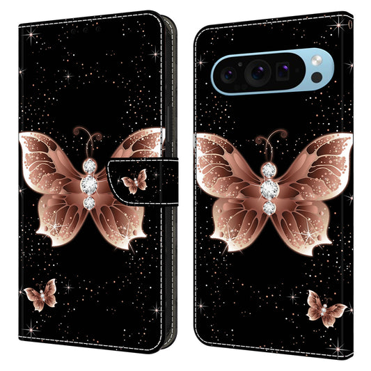 For Google Pixel 9 Case Card Holder 3D Pattern PU Leather Protective Phone Cover - Pink Diamond Butterfly