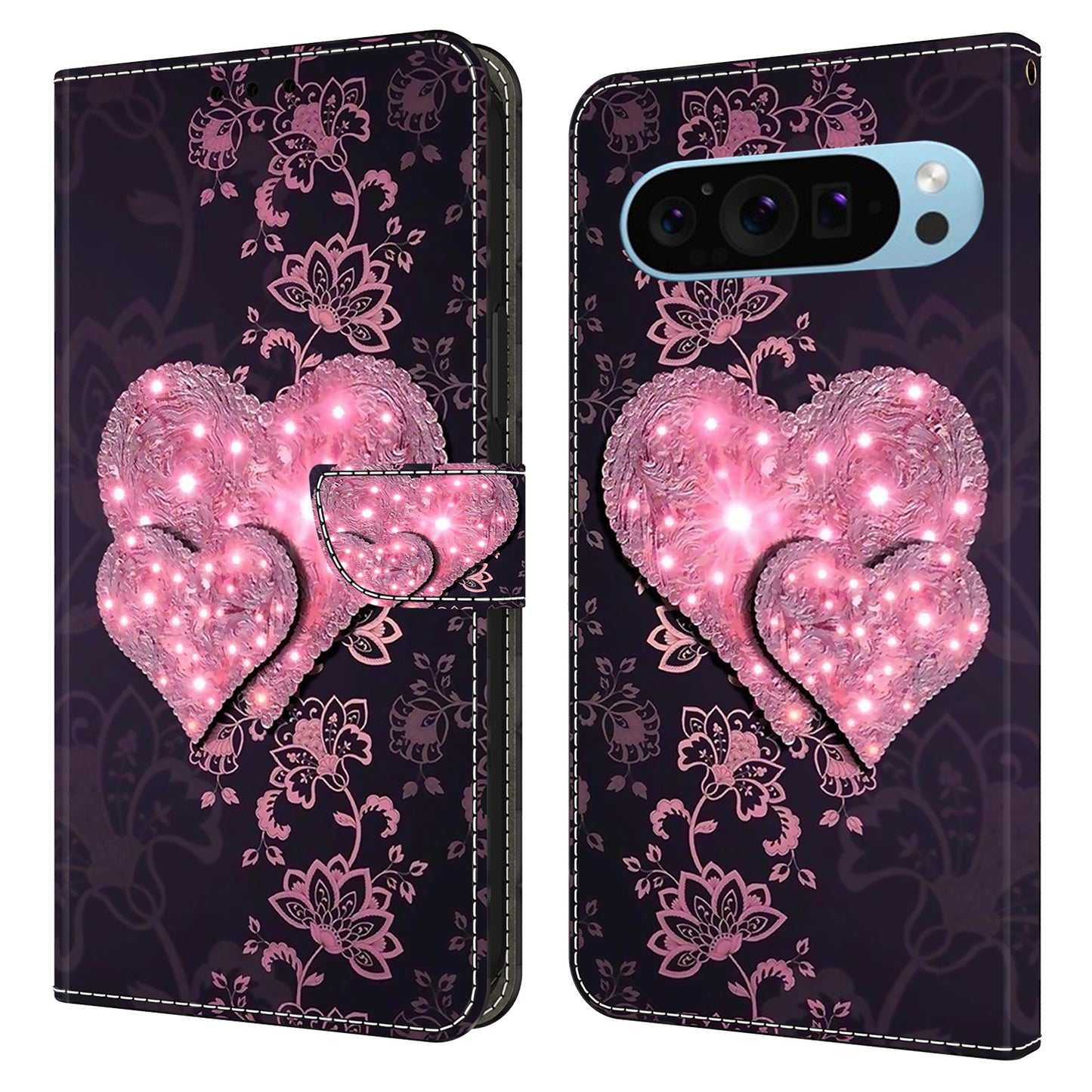 For Google Pixel 9 Pro Case Stand 3D Pattern PU Leather Flip Wallet Phone Cover - Lace Hearts