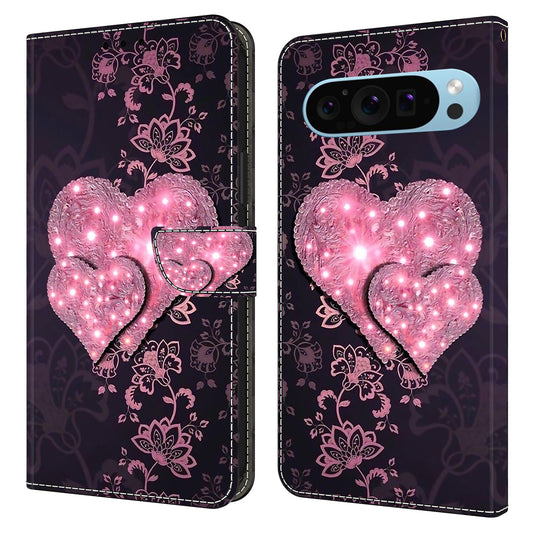 For Google Pixel 9 Pro Case Stand 3D Pattern PU Leather Flip Wallet Phone Cover - Lace Hearts