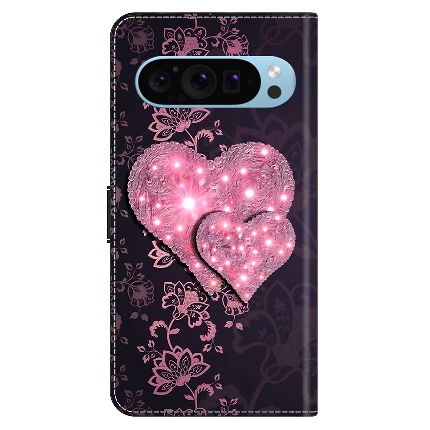 For Google Pixel 9 Pro Case Stand 3D Pattern PU Leather Flip Wallet Phone Cover - Lace Hearts
