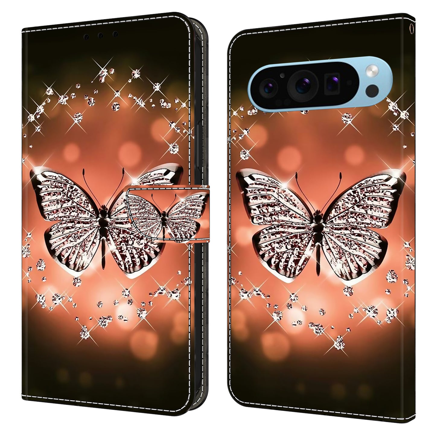 For Google Pixel 9 Pro Case Stand 3D Pattern PU Leather Flip Wallet Phone Cover - Crystal Butterfly