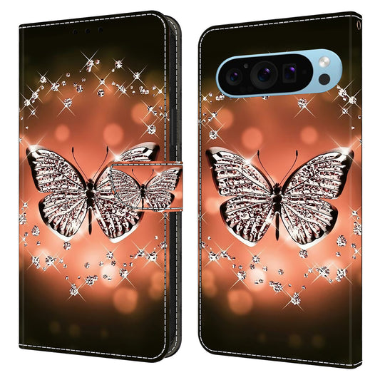 For Google Pixel 9 Pro Case Stand 3D Pattern PU Leather Flip Wallet Phone Cover - Crystal Butterfly