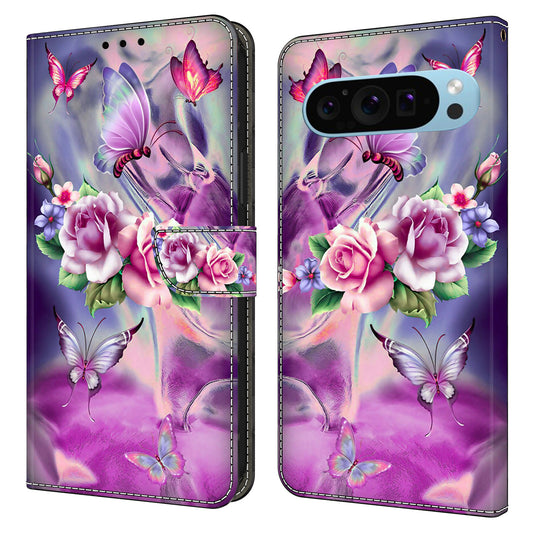 For Google Pixel 9 Pro Case Stand 3D Pattern PU Leather Flip Wallet Phone Cover - Butterflies / Flowers