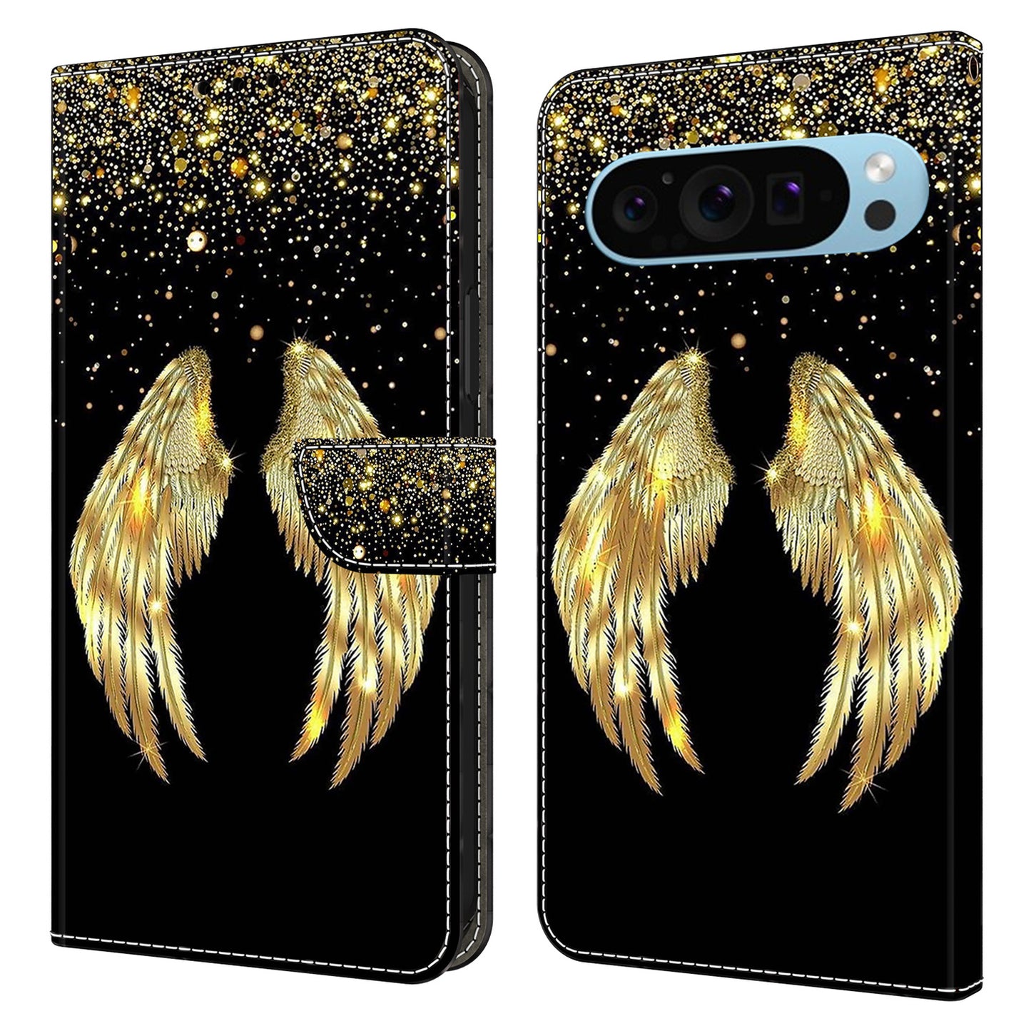 For Google Pixel 9 Pro Case Stand 3D Pattern PU Leather Flip Wallet Phone Cover - Gold Wing