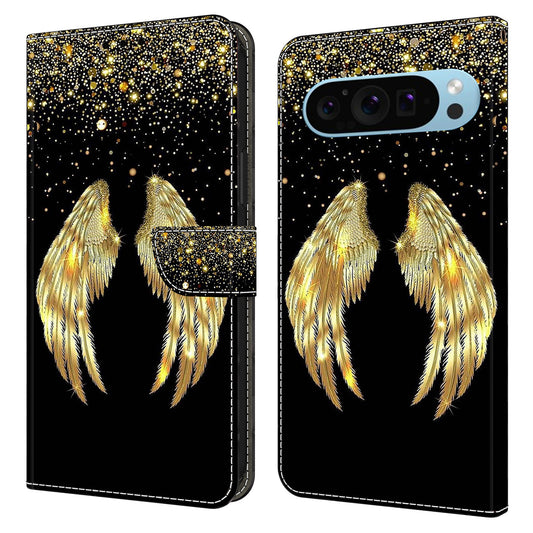 For Google Pixel 9 Pro Case Stand 3D Pattern PU Leather Flip Wallet Phone Cover - Gold Wing