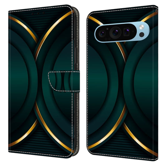 For Google Pixel 9 Pro Case Stand 3D Pattern PU Leather Flip Wallet Phone Cover - Gold Contour