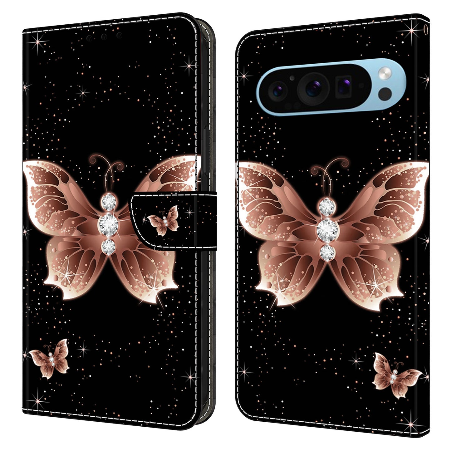 For Google Pixel 9 Pro Case Stand 3D Pattern PU Leather Flip Wallet Phone Cover - Pink Diamond Butterfly