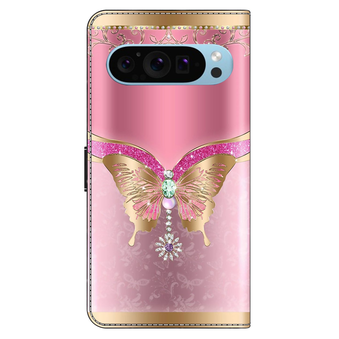 For Google Pixel 9 Pro Case Stand 3D Pattern PU Leather Flip Wallet Phone Cover - Pink / Gold Butterfly