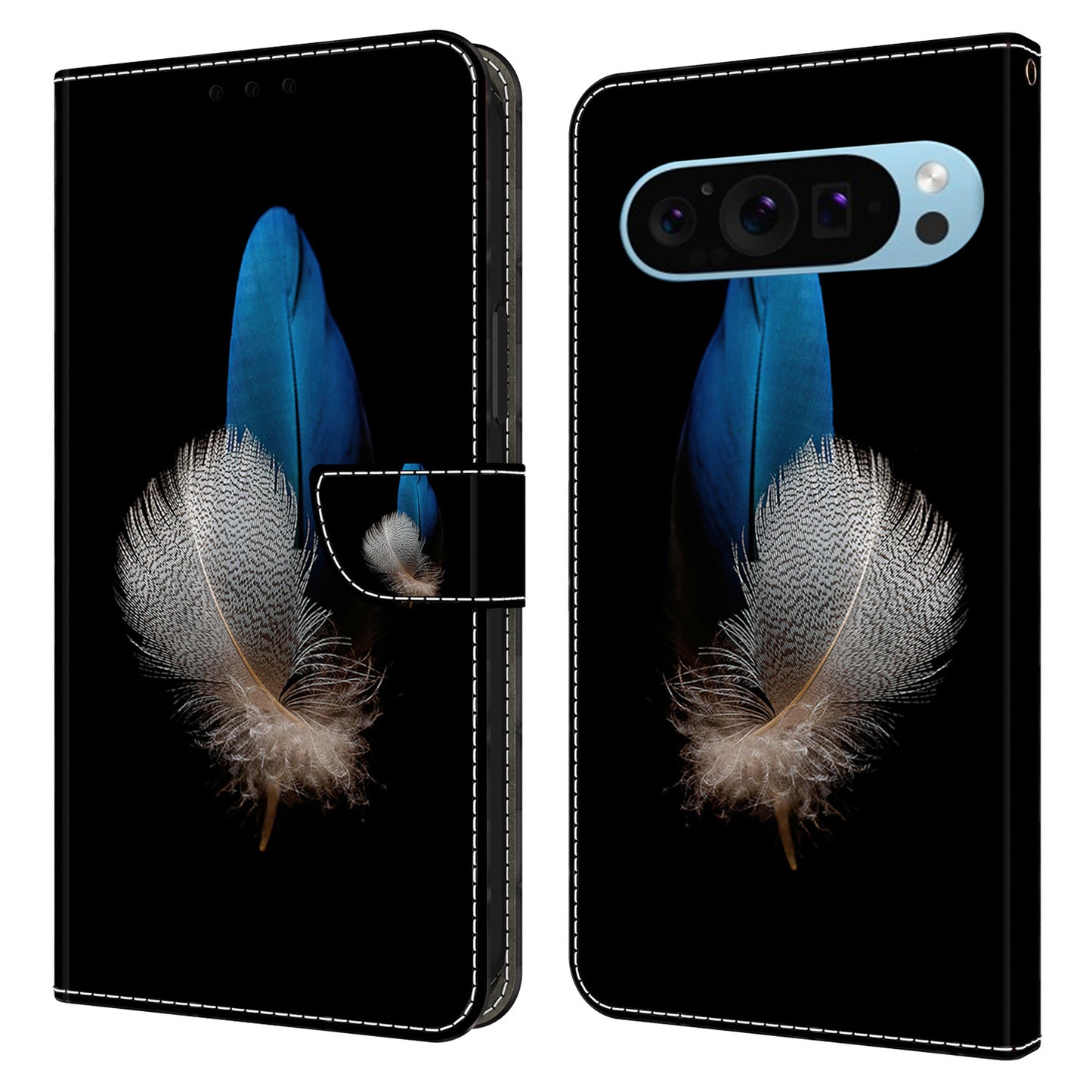 For Google Pixel 9 Pro Case Stand 3D Pattern PU Leather Flip Wallet Phone Cover - Two Feathers