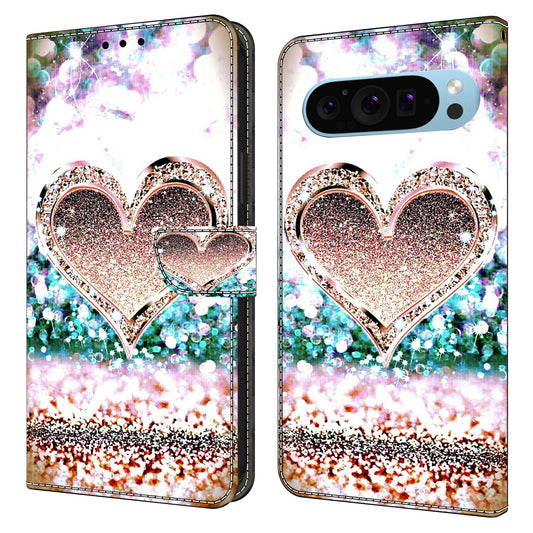 For Google Pixel 9 Pro Case Stand 3D Pattern PU Leather Flip Wallet Phone Cover - Pink Diamond Heart
