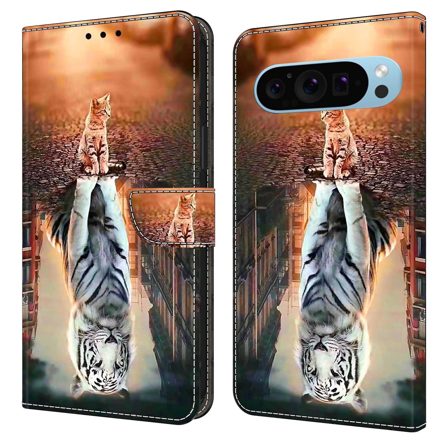 For Google Pixel 9 Pro Case PU Leather 3D Pattern Flip Bookstyle Wallet Phone Cover - Cat and Tiger