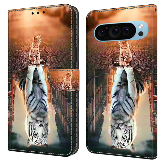 For Google Pixel 9 Pro Case PU Leather 3D Pattern Flip Bookstyle Wallet Phone Cover - Cat and Tiger