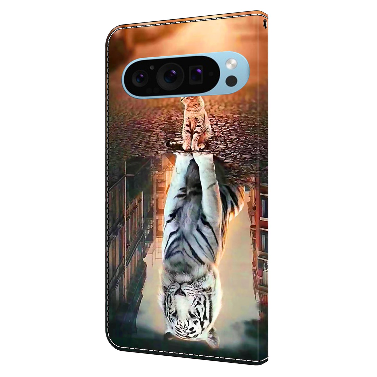 For Google Pixel 9 Pro Case PU Leather 3D Pattern Flip Bookstyle Wallet Phone Cover - Cat and Tiger