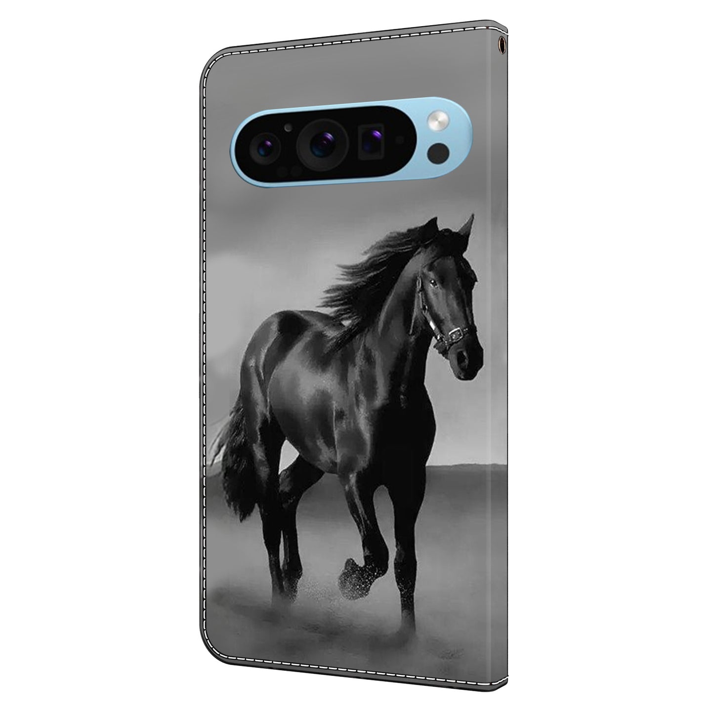 For Google Pixel 9 Pro Case PU Leather 3D Pattern Flip Bookstyle Wallet Phone Cover - Black Horse