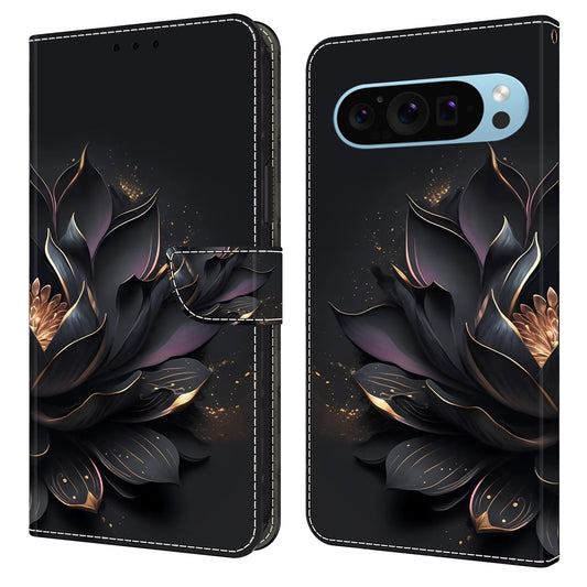 For Google Pixel 9 Pro Case PU Leather 3D Pattern Flip Bookstyle Wallet Phone Cover - Purple Lotus