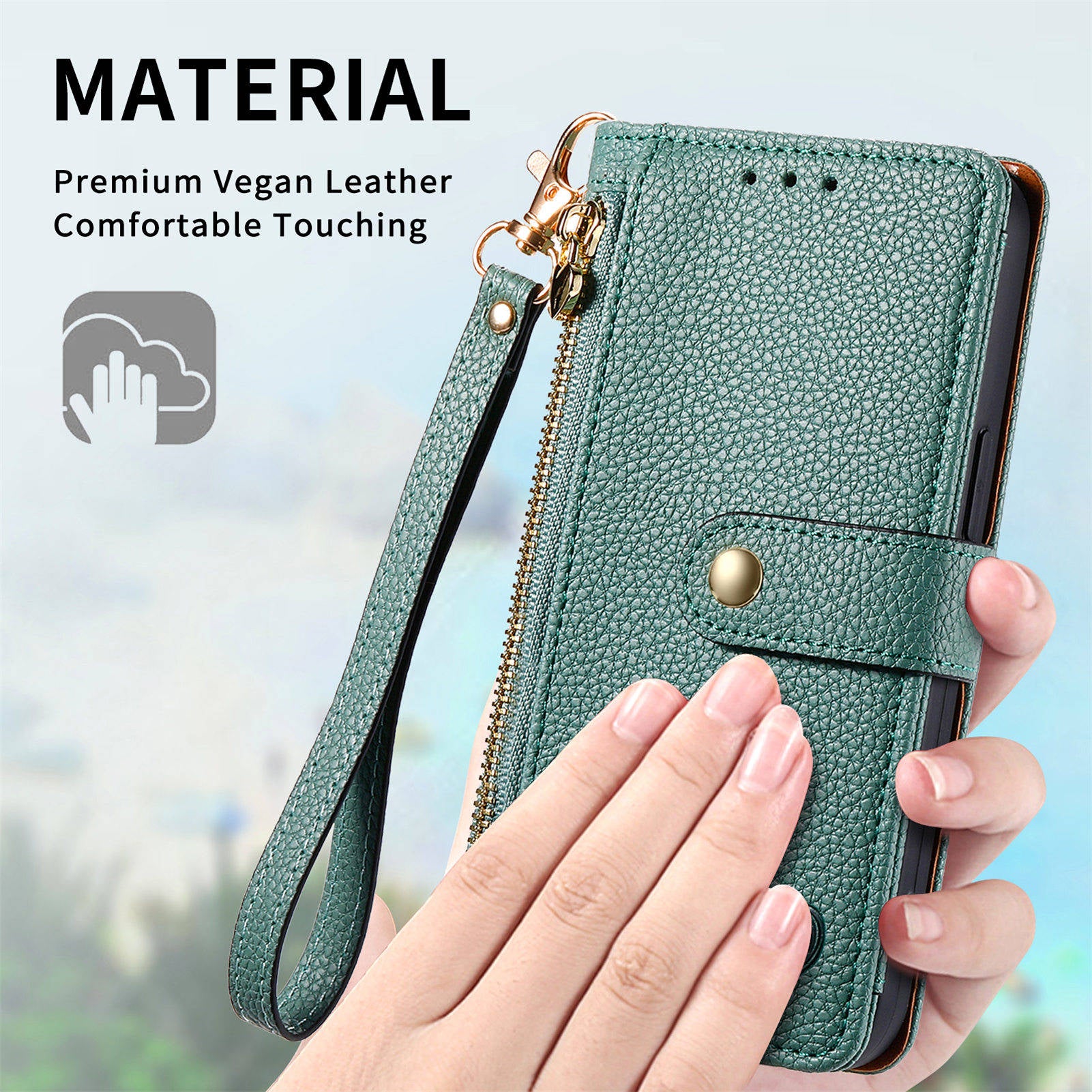 For Samsung Galaxy S24 Ultra RFID Blocking Case Zipper Pocket PU+TPU Phone Cover - Green